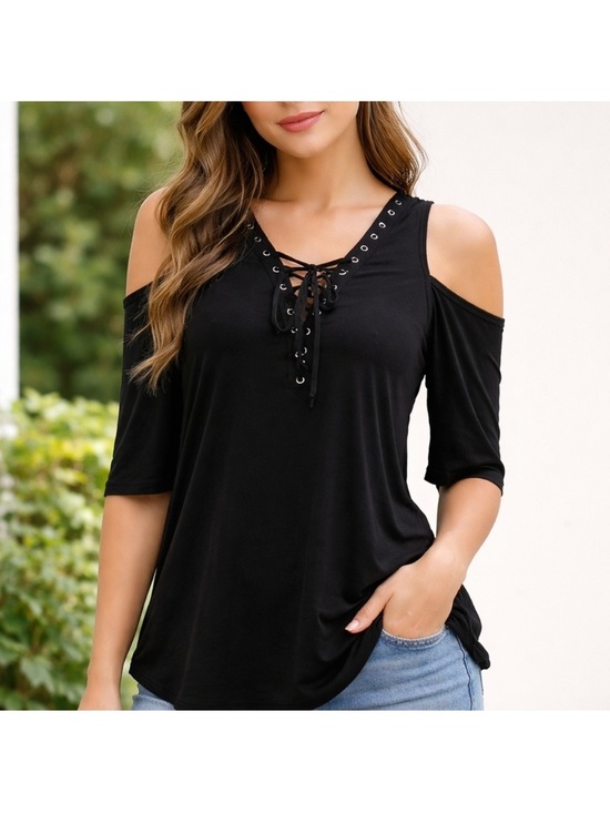 Iz Byer Tops - *BRAND NEW* IZ Byer Extra Small Black Cold Shoulder Lace-Up Black Women's Top